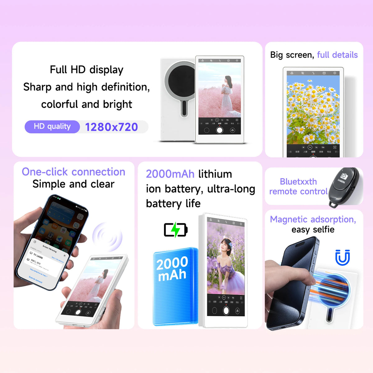 Wireless Smartphone Selfie Monitor For Rear Camera Vlogging