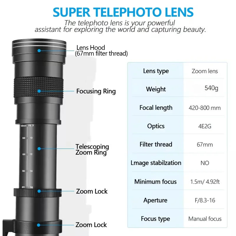 Manual Telephoto Zoom T Mount Lens For DSLR Mirrorless Cameras